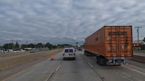 POV-truck-driving-on-the-highway-but-traffic-isn't-moving-forward-because-of-road-works