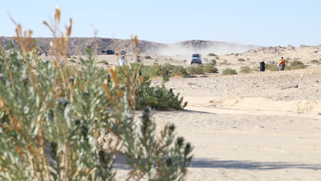 Car-chasing-truck-speeding-through-Dakar-rally-desert-endurance-sand-trail