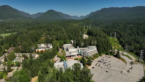 Aerial-Panoramic-View-Of-Large-Parking-Lot-At-Capilano-University-In-Purcell-Way,-North-Vancouver,-BC-Canada