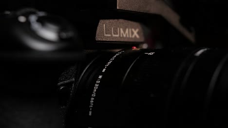 Close-up-revealing-shot-of-a-mirrorless-Lumix-cinema-camera