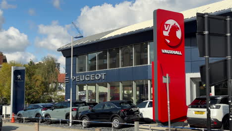 Peugeot-and-Vauxhall-car-manufacturer-dealer-and-garage-forecourt