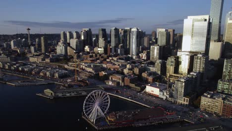 Aerial-view-of-the-seaside-skyline-of-Seattle,-sunny-morning-in-Pacific-Northwest-of-USA