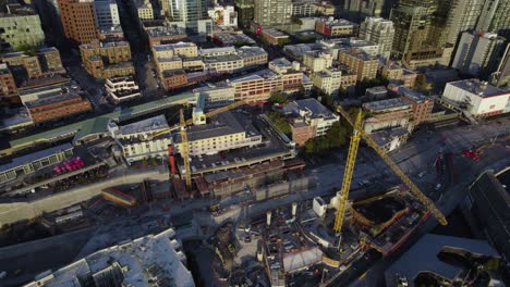 Road-construction-area-in-Seattle-city,-morning-in-Northwest-USA---Aerial-view
