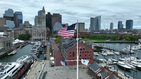 Aerial-establishing-shot-of-Boston-at-Harbor-and-Long-Wharf