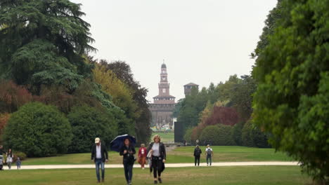 Sempione-Park-in-Milan-with-view-of-Sforzesco-Castle-in-Italy