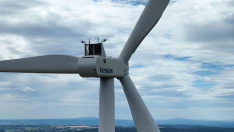 Vestas-Wind-Turbine,-Close-Up-Aerial-View,-Green-Energy-Concept