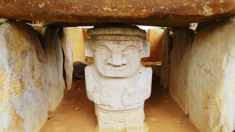 Unusual-short-stone-carved-figure-displayed-at-San-Agustine-archaeological-site