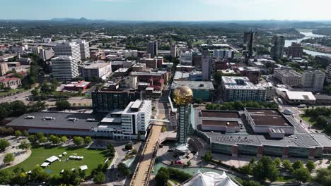 Downtown-Knoxville,-on-a-sunny,-summer-day-in-Tennessee,-USA---aerial-view