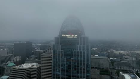Aerial-view-around-the-Great-American-insurance-group-building-and-disappearing-in-the-fog