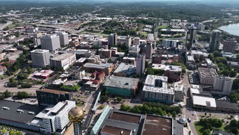 Aerial-view-overlooking-the-city-centre-of-Knoxville,-in-sunny-Tennessee,-USA---static,-drone-shot