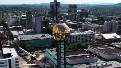 Aerial-view-around-the-sunsphere-observation-tower-in-world's-fair-park-at-daytime,-in-Knoxville,-USA---orbit,-drone-shot