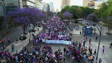 Vista-Aérea-De-Una-Marcha-De-Mujeres-Por-Los-Derechos-Femeninos-En-La-Ciudad-De-México---Levantamiento,-Disparo-De-Drones