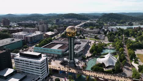 Sunsphere-tower,-the-Knoxville-Convention-Center-and-world's-fair-park,-in-Tennessee,-USA---Aerial-view