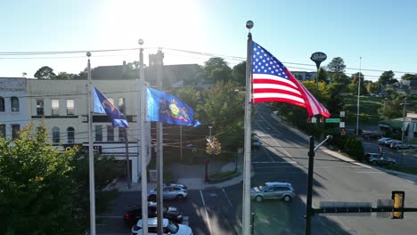 Aerial-orbit-of-USA-and-Pennsylvania-flags-in-Bethlehem-PA