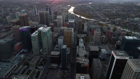 Aerial-view-overlooking-office-buildings-in-downtown-Calgary,-autumn-evening-in-Canada