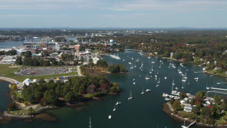 Stunning-aerial-view-of-the-Naval-Shipyard-on-the-Piscataqua-River-near-Portsmouth,-Maine
