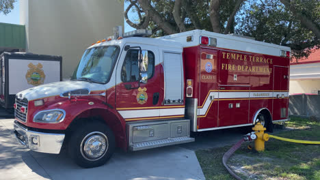 Fire-Truck-Vehicle-Parked-Outside-in-Front-of-Temple-Terrace-Fire-Department-Station-Florida-Usa,-Emergency-Firefighting-Equipment-for-Safety-Protection-and-Rescue