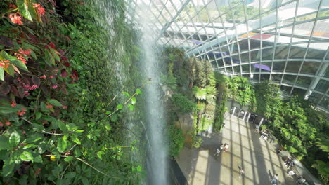Cloud-Forestdome-Großes-Glasgewächshaus,-Das-Verschiedene-Pflanzenarten-Und-Einen-Berg-Mit-Wasserfall-In-Singapur-Beherbergt