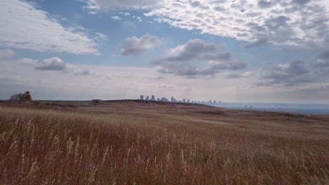 Biker-on-City-skyline-from-meadow-skyscrapers-yellow-grass-Calgary-Alberta-Canada