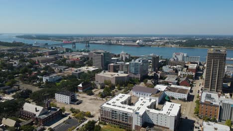 Downtown-Baton-Rouge,-Louisiana-and-Horace-Wilkinson-Bridge-Wide-Aerial-Orbiting-Right