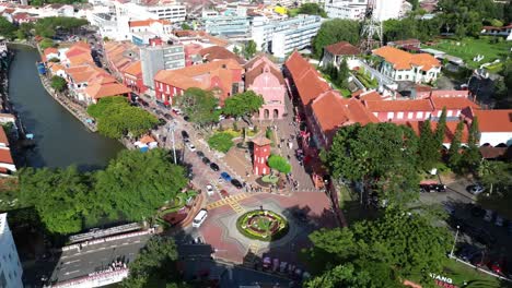 Aerial-view-of-Stadthuys-and-church-in-downtown-Melaka,-Malaysia