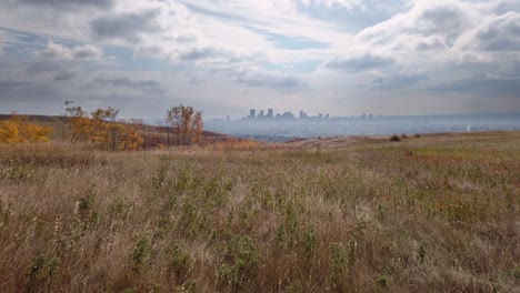 Skyline-Der-Stadt-Von-Der-Wiese-Wolkenkratzer-Herbst-Gelbes-Gras-Calgary-Alberta-Kanada