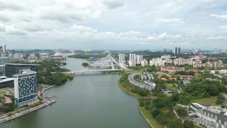 Aerial-drone-shot,-wide-view-of-Putrajaya-Seri-Wawasan-Bridge-and-surroundings