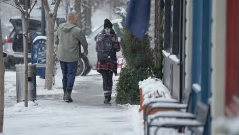 Hombre-Y-Mujer-Caminan-Por-La-Acera-Mientras-Señalan-Las-Vitrinas-De-Las-Tiendas-Con-Nieve-Afuera