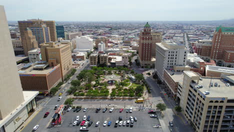 Aerial-Drone-Panoramic-View-Of-Downtown-El-Paso-Skyline-With-Ciudad-Juarez-Mexico-In-The-Background