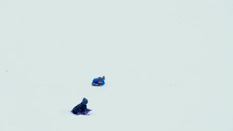 Zwei-Kinder-Rodeln-Im-Winter-Einen-Steilen-Schneebedeckten-Hügel-Hinunter