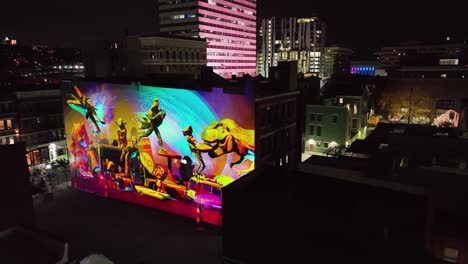 Modern-art-LED-Mural-wall,-at-BLINK-the-festival-of-light-in-Cincinnati,-Ohio,-USA---Aerial-view
