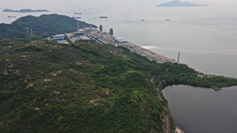 Black-Point-Power-Station-in-aerial-view,-Tuen-Mun,-Hong-Kong,-establishing-shot