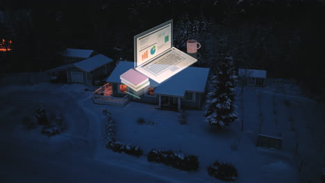 Cozy-home-office-house-on-the-countryside,-cold,-winter-evening---Visualization-with-computer,-coffee-cup-and-books