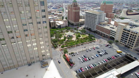 Drone-Flying-Sideways-Revealing-Urban-Downtown-Area-With-Town-Square-And-Downtown-Buildings-In-El-Paso-TX