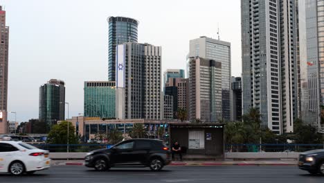 Dense-city-car-traffic-in-downtown-Tel-Aviv,-Israel