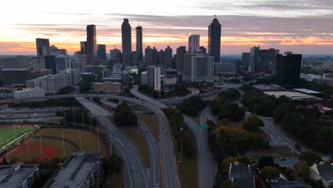 Aerial-establishing-shot-of-Atlanta-Georgia-in-autumn-sunset