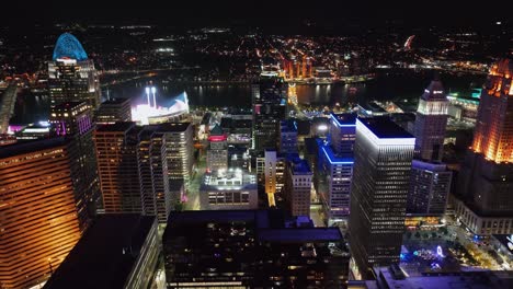 Aerial-view-of-colorful-downtown-Cincinnati,-night-in-USA---tracking,-drone-shot