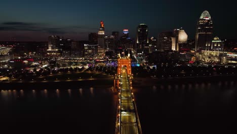 Aerial-view-over-the-Roebling-Bridge,-towards-the-Cincinnati-city,-night-in-Ohio,-USA