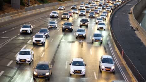 Multi-lane-highway-busy-car-traffic,-close-up
