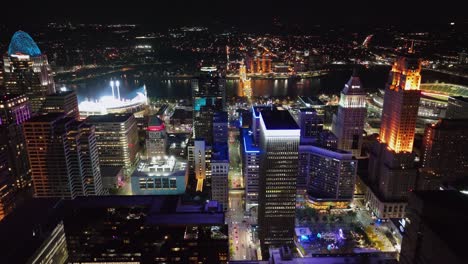 Aerial-view-around-the-illuminated-skyline-of-Cincinnati,-USA---circling,-drone-shot