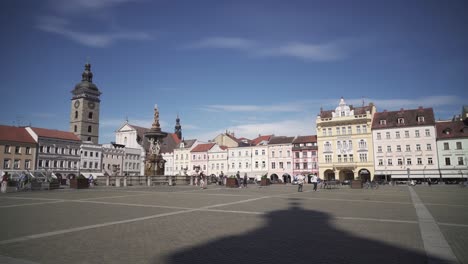 Premysl-Otakar-Square-in-Czech-Budejovice,-panning-view,-sunny-day