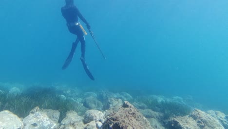 Spearfisher-Freediving-Taucht-In-Echtzeitaufnahme-Wieder-Auf