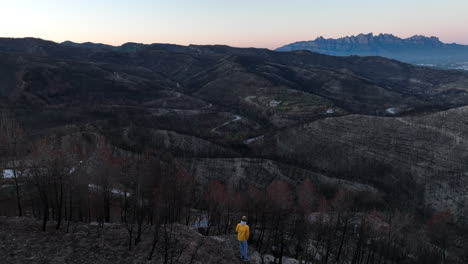 Aerial-view-flying-over-man-overlooking-burned-valley-forest-fire-natural-disaster-damage