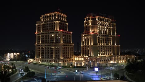 The-Ritz-Carlton-luxury-hotel-in-Amman,-Jordan---establishing-shot-at-nighttime