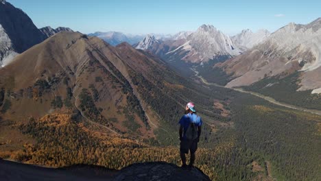 Hiker-admiring-watching-Mountain-Range-Valley-pan-Kananaskis-Alberta-Canada