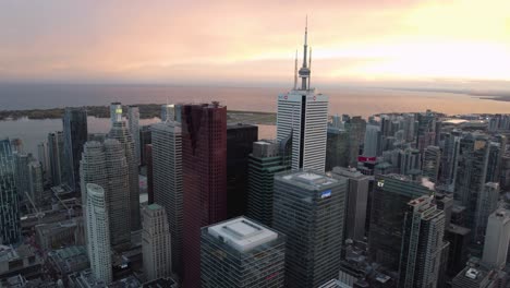 Aerial-drone-view-of-the-Old-Toronto-skyline,-dramatic-evening-in-Ontario,-Canada