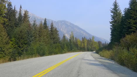 Scenic-Drive-Through-Mountain-Road-With-Lush-Pine-Trees-On-Summer-Day
