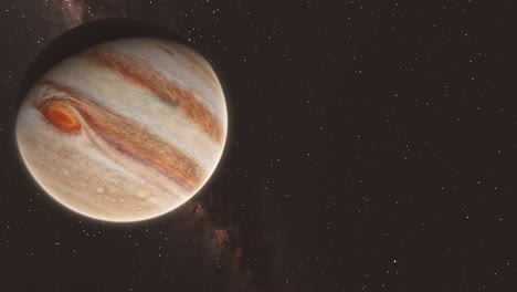 Annäherung-An-Jupiter-Mit-Dramatischem-Milchstraßenhintergrund---Weltraumszene-4k-Clip