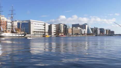 Business-Buildings-Across-River-Liffey-In-Dublin,-Ireland-On-A-Sunny-Day-In-Autumn