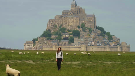 Girl-Tourist-Walking-In-Grass-Field-Landscape-With-Grazing-Sheep-On-A-Background-Of-Medieval-Castle-In-Mont-Saint-Michel,-Normandy,-France
